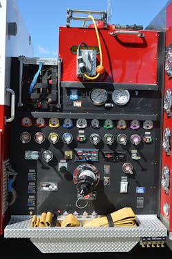 The left-side pump panel on each engine features gated 6-inch intakes that have a manual override and hand-crank controls for two 2½-inch discharges. Electric valves control the right-side large-diameter-hose (LDH) and deck gun discharges. Note the logical arrangement of the hand-crank controls with the flowmeters. The left-side pump panel on each engine features gated 6-inch intakes that have a manual override and hand-crank controls for two 2½-inch discharges. Electric valves control the right-side large-diameter-hose (LDH) and deck gun discharges. Note the logical arrangement of the hand-crank controls with the flowmeters.