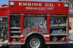 The left-side body compartments on Engine 937 are designed identically. Mounting for all appliances, tools and equipment provides easy access. The upfit work was conducted by the district mechanic, to ensure that all of the equipment was secured with appropriate hardware. The left-side body compartments on Engine 937 are designed identically. Mounting for all appliances, tools and equipment provides easy access. The upfit work was conducted by the district mechanic, to ensure that all of the equipment was secured with appropriate hardware.