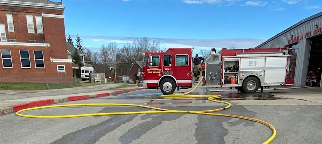 Limited staffing means that the department’s driver must be able to perform fireground tasks after he sets the pump. In this case, that person knocked down nearly all of the exterior fire on the front porch of the house using a deluge gun.