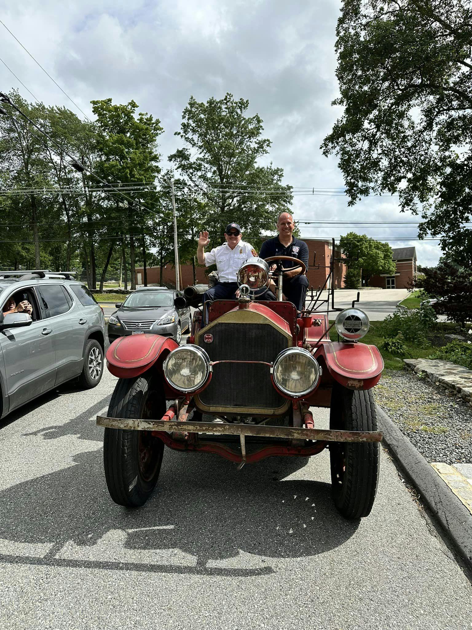 Retiring Shrewsbury Fire Chief James Vuona rode home after his last shift in style.