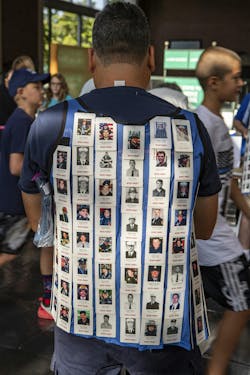 When someone is registered to climb, they are given a badge to honor either one of the 343 FDNY members killed on Sept. 11, or a member of the New York Police Department, or Port Authority Police Department. (Note: not everyone gets all of the badges, like the person seen in this photo). When someone is registered to climb, they are given a badge to honor either one of the 343 FDNY members killed on Sept. 11, or a member of the New York Police Department, or Port Authority Police Department. (Note: not everyone gets all of the badges, like the person seen in this photo).