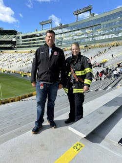 Chad Miller from Greenville, WI, Fire and Rescue (left) and Green Bay Metro Fire Lt. Shauna Walesh (right) prior to the climb. Chad Miller from Greenville, WI, Fire and Rescue (left) and Green Bay Metro Fire Lt. Shauna Walesh (right) prior to the climb.