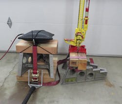 Photo 10: Left: Cribbing secured as a base and on the steps of RescueBlox with a 2-inch no-hook strap. Right: A 2-inch no-hook strap used for securing on top of the steps. Photo 10: Left: Cribbing secured as a base and on the steps of RescueBlox with a 2-inch no-hook strap. Right: A 2-inch no-hook strap used for securing on top of the steps.