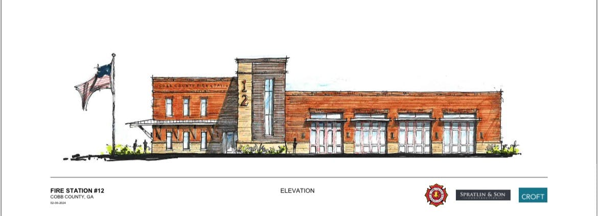 Croft & Associates teamed with Spratlin & Son, who specialize in delivering Design-Build projects, on this rendering of Cobb County Fire Station #12.