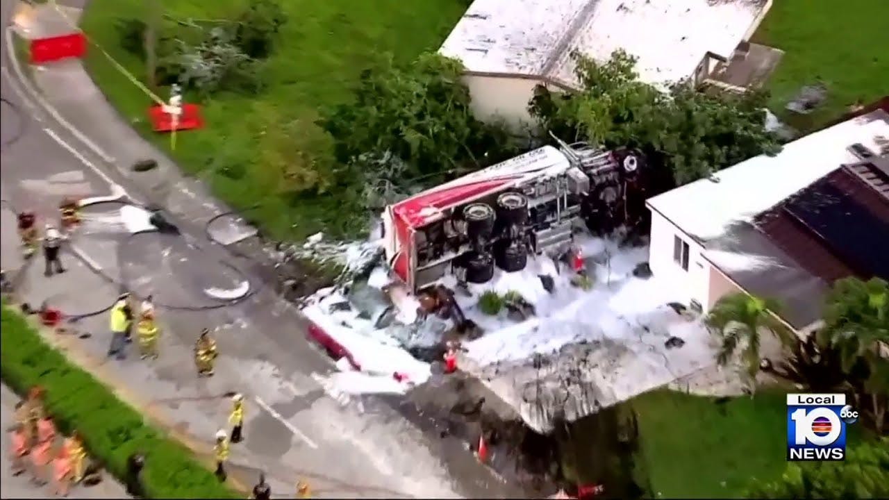 Oakland Park, FL, Firefighters Operate at Fuel Tanker Crash Firehouse