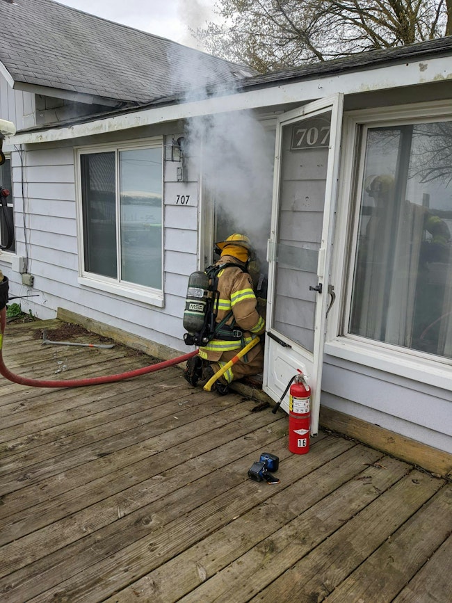 Example of physical simulation training at an acquired structure using smoke to create a realistic environment.