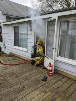 Example of physical simulation training at an acquired structure using smoke to create a realistic environment. Example of physical simulation training at an acquired structure using smoke to create a realistic environment.