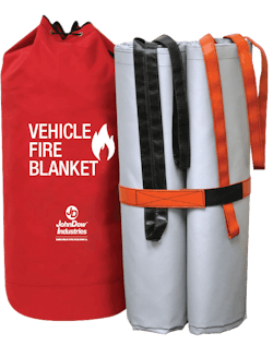 The JohnDow Vehicle Fire Blanket suppresses electric vehicle (EV), hybrid vehicle and internal combustion engine vehicle fire flames and fumes. The JohnDow Vehicle Fire Blanket suppresses electric vehicle (EV), hybrid vehicle and internal combustion engine vehicle fire flames and fumes.