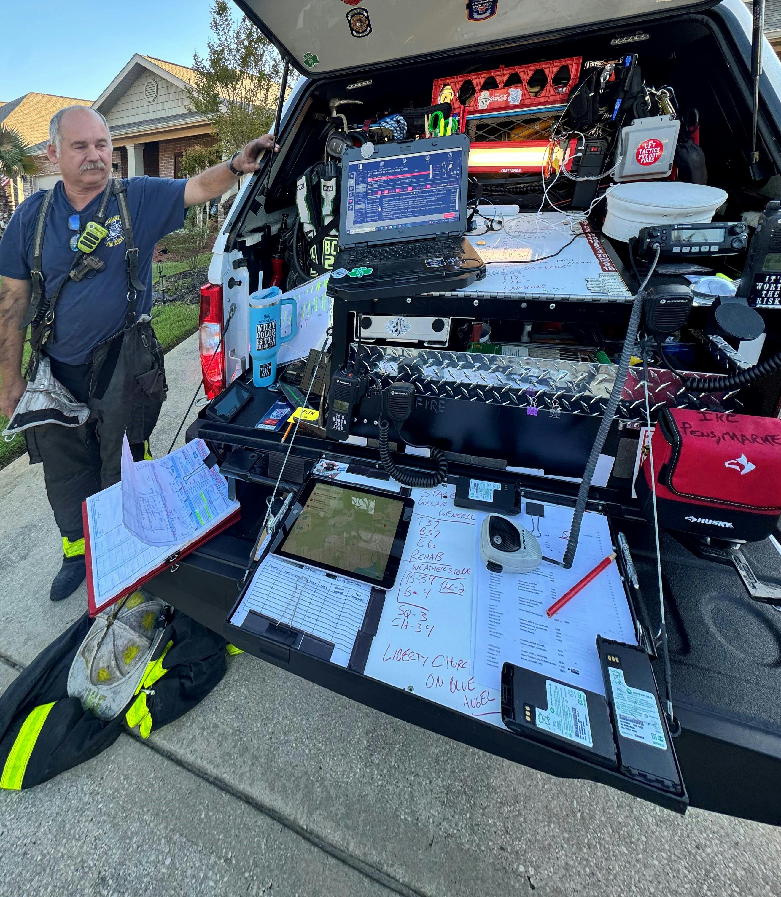 This command post, which was for a four-alarm wildland urban interface fire that involved numerous neighborhoods and damaged nearly two dozen houses, includes a mobile radio, portable radios, numerous cellphones with chargers, and a computer and an iPad with cellular service. The incident involved more than a half-dozen entities and was managed under the Unified Command model. Numerous company officers were assigned to the command post to help to facilitate communications through the use of five channels, numerous cellphones and a computer with CAD to allow the tracking of resources. One channel was assigned strictly for the command staff to communicate nonemergency information regarding coverage, logistics and future potential needs.