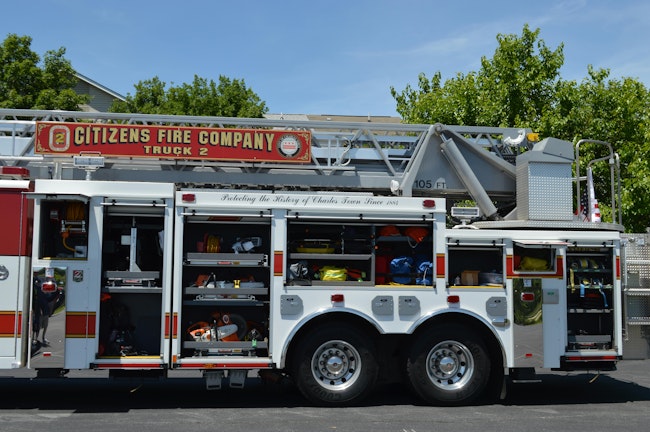 The Citizens Fire Company in Charlestown, WV, operates this well-equipped 2017 Spartan Smeal 105-foot, rear-mount aerial ladder that carries 202 feet of ground ladders on a 238-inch wheelbase. Note the floor mounted and adjustable slide trays that provide space for saws, portable lighting and forcible entry tools.