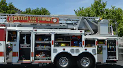 The Citizens Fire Company in Charlestown, WV, operates this well-equipped 2017 Spartan Smeal 105-foot, rear-mount aerial ladder that carries 202 feet of ground ladders on a 238-inch wheelbase. Note the floor mounted and adjustable slide trays that provide space for saws, portable lighting and forcible entry tools.