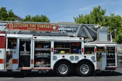 The Citizens Fire Company in Charlestown, WV, operates this well-equipped 2017 Spartan Smeal 105-foot, rear-mount aerial ladder that carries 202 feet of ground ladders on a 238-inch wheelbase. Note the floor mounted and adjustable slide trays that provide space for saws, portable lighting and forcible entry tools. The Citizens Fire Company in Charlestown, WV, operates this well-equipped 2017 Spartan Smeal 105-foot, rear-mount aerial ladder that carries 202 feet of ground ladders on a 238-inch wheelbase. Note the floor mounted and adjustable slide trays that provide space for saws, portable lighting and forcible entry tools.