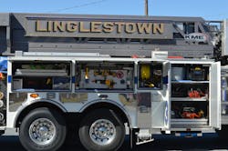 The Linglestown, PA, Fire Company’s (LFC) Truck 35 is a 2020 KME Severe Service 102-foot mid-mount tower ladder that’s built on a 258-inch wheelbase. It’s equipped with a 2,000-gpm pump and a 300-gallon water tank. A swing-out tool board provides multiple mounting spaces for small hand tools. The Linglestown, PA, Fire Company’s (LFC) Truck 35 is a 2020 KME Severe Service 102-foot mid-mount tower ladder that’s built on a 258-inch wheelbase. It’s equipped with a 2,000-gpm pump and a 300-gallon water tank. A swing-out tool board provides multiple mounting spaces for small hand tools.