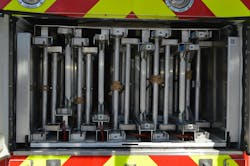 LFC Truck 35 carries 267 feet of ground ladders, including one 35-foot ladder, two 28-foot ladders, two 24-foot extension ladders and three roof ladders. Note how the ladder lengths are identified on the butt spurs of each ladder. LFC Truck 35 carries 267 feet of ground ladders, including one 35-foot ladder, two 28-foot ladders, two 24-foot extension ladders and three roof ladders. Note how the ladder lengths are identified on the butt spurs of each ladder.