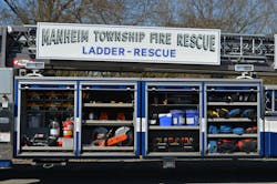 Truck 204 of Manheim Township Fire Rescue in Lancaster, PA, is equipped to support both fire and rescue incidents via a wide assortment of tools and equipment. Note the well-arranged equipment in each compartment on the trailer. Truck 204 is outfitted with 446 feet of ground ladders, including multiple 24-, 28- and 35-foot extension ladders and a 45-foot Bangor ladder. Truck 204 of Manheim Township Fire Rescue in Lancaster, PA, is equipped to support both fire and rescue incidents via a wide assortment of tools and equipment. Note the well-arranged equipment in each compartment on the trailer. Truck 204 is outfitted with 446 feet of ground ladders, including multiple 24-, 28- and 35-foot extension ladders and a 45-foot Bangor ladder.