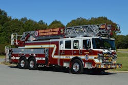 The Prince George’s County, MD, Fire and EMS Department Truck 832 is assigned this 2021 Pierce Enforcer 107-foot rear-mount ladder that’s built on a 230½-inch wheelbase and is equipped with 286 feet of ground ladders. A 28-foot extension ladder and two 16-foot roof ladders are carried on the right side of the body. The Prince George’s County, MD, Fire and EMS Department Truck 832 is assigned this 2021 Pierce Enforcer 107-foot rear-mount ladder that’s built on a 230½-inch wheelbase and is equipped with 286 feet of ground ladders. A 28-foot extension ladder and two 16-foot roof ladders are carried on the right side of the body.