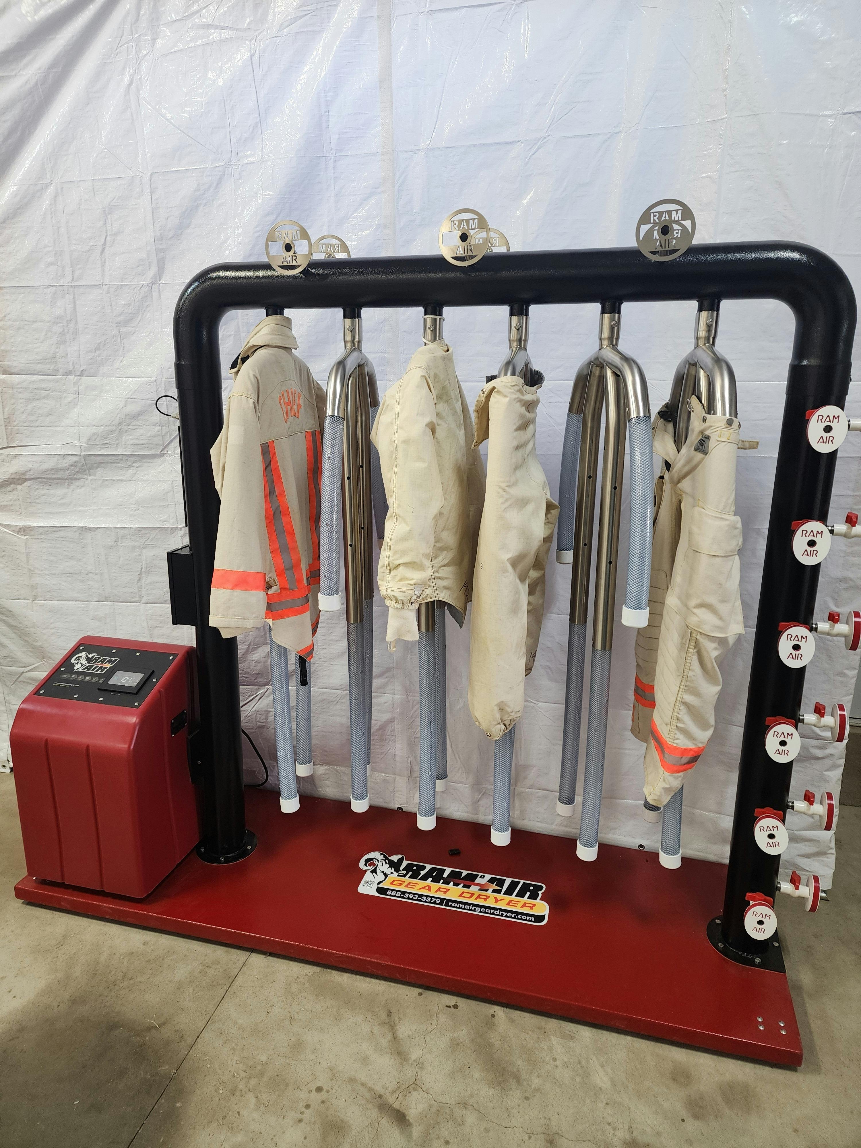 The TG-6H heated bunker gear dryer holds as many as 12 pieces of gear, 6 helmets and 18 accessories.