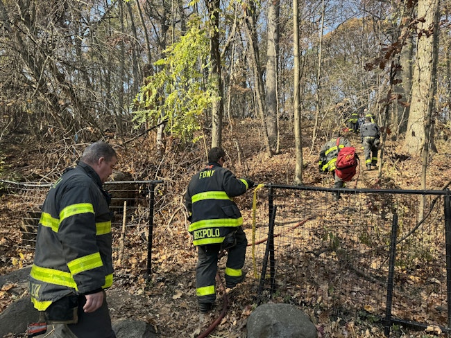 FDNY firefighters work in Prospect Park in the borough of Brooklyn. Days earlier, firefighters were called to a brush fire in the park during a severe drought.