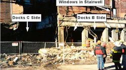 A photo from the NIOSH investigation report shows the B/C corner of the Worcester Cold Storage warehouse.