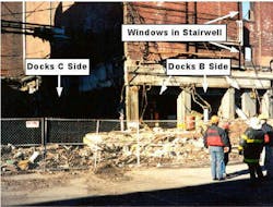 A photo from the NIOSH investigation report shows the B/C corner of the Worcester Cold Storage warehouse. A photo from the NIOSH investigation report shows the B/C corner of the Worcester Cold Storage warehouse.