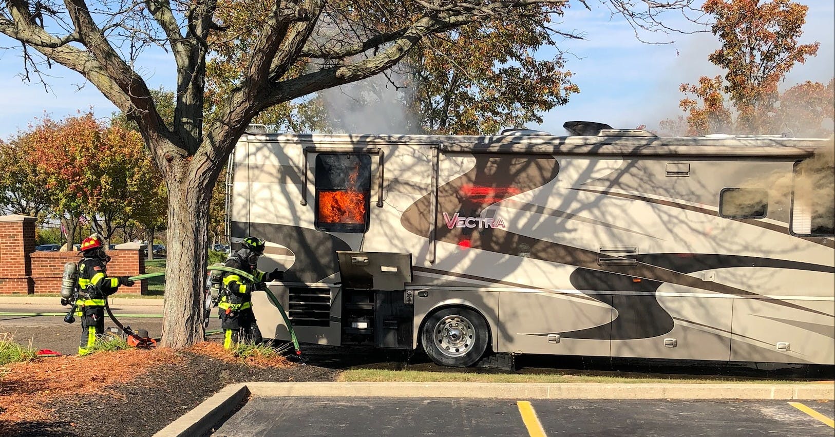 Early in the response to a motor home fire, the crew of Mason, OH, Fire Department Tower 52 applied water to the engine compartment at the rear of the vehicle. There wasn&rsquo;t much change in the smoke condition at that location as a result, so a rear window was taken out for ventilation.