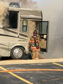 After venting the window, the interior of the motor home was lit on fire. Heavy smoke began to push out of the vehicle. The incident commander was on the cusp of pulling out the interior crew when conditions improved. After venting the window, the interior of the motor home was lit on fire. Heavy smoke began to push out of the vehicle. The incident commander was on the cusp of pulling out the interior crew when conditions improved.