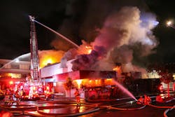 On arrival, San Diego Fire-Rescue crews found a well-involved abandoned bar, with fire venting through the roof. On arrival, San Diego Fire-Rescue crews found a well-involved abandoned bar, with fire venting through the roof.