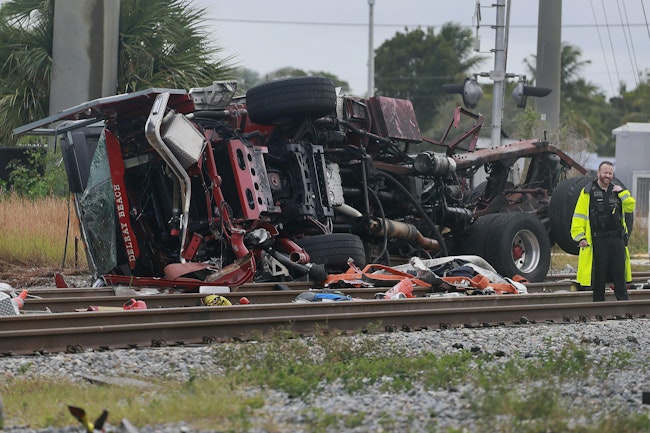 Three Delray Beach firefighters were hurt when their ladder truck was struck by a Brightline train collided with a fire truck at a railroad crossing Saturday.