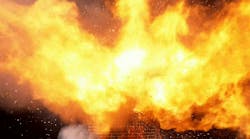 Figure 1. A 10-cell lithium nickel cobalt aluminum oxide (NCA) 18650 cell battery pack during its peak heat release rate (HRR). Figure 1. A 10-cell lithium nickel cobalt aluminum oxide (NCA) 18650 cell battery pack during its peak heat release rate (HRR).