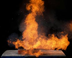 Figure 2. A 152-cell NCA 18650 battery pack nears its peak HRR. Many of the cells hadn’t yet vented and burned when this photograph was captured. Figure 2. A 152-cell NCA 18650 battery pack nears its peak HRR. Many of the cells hadn’t yet vented and burned when this photograph was captured.