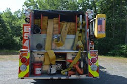 FFD Engine 54 carries 2,000 feet of 5-inch supply line and seven preconnected attack lines in varying lengths. Note the use of a water thief on the right side to support three lines, including the portable master stream appliance. FFD Engine 54 carries 2,000 feet of 5-inch supply line and seven preconnected attack lines in varying lengths. Note the use of a water thief on the right side to support three lines, including the portable master stream appliance.