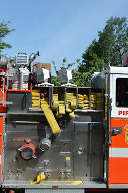 The right side pump panel on FFD Engine 54 is outfitted with four preconnected attack lines and a 150-foot 3-inch line that’s used for extended stretches. The right side pump panel on FFD Engine 54 is outfitted with four preconnected attack lines and a 150-foot 3-inch line that’s used for extended stretches.