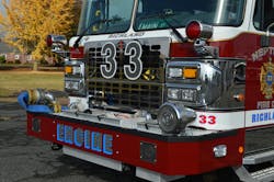 The front bumper on Neptune Fire Company’s Engine 33 incorporates a front intake and twin 1¾-inch attack lines. Also included is a hose tray, to accommodate forestry hose on the left side adjacent to a mechanical siren. The front bumper on Neptune Fire Company’s Engine 33 incorporates a front intake and twin 1¾-inch attack lines. Also included is a hose tray, to accommodate forestry hose on the left side adjacent to a mechanical siren.