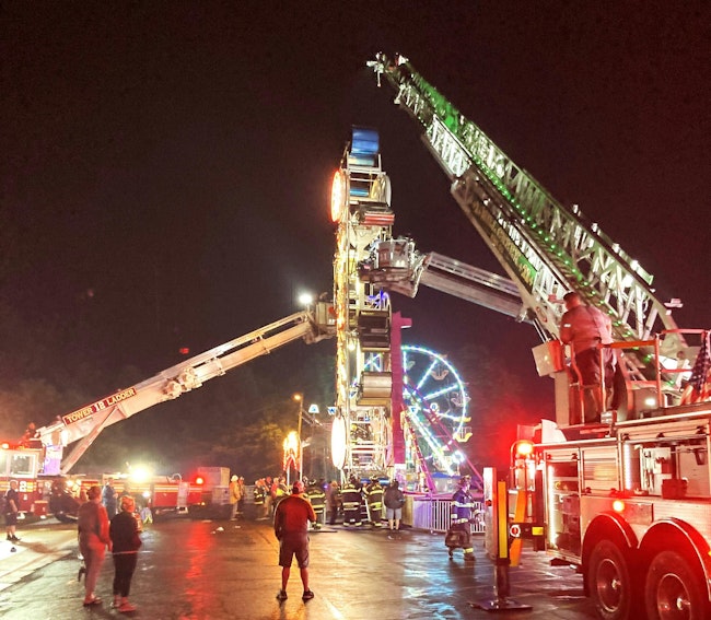 Preplanning for when a traveling carnival takes up residence in a department’s response area should include work with the carnival company to ensure that the tallest ride is located in an area where an aerial apparatus is capable of accessing the highest point of the ride (here, 60 feet).