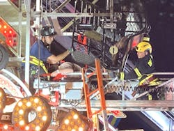 The Zipper has 12 enclosed cars, each of which holds as many as three people. Firefighters/rescuers must know whether their department’s aerial can get underneath a car on a ride if the car can’t be released back to the bottom of the platform. They also must be trained to unlock a jammed door to a car, all while potentially dealing with panicked riders. The Zipper has 12 enclosed cars, each of which holds as many as three people. Firefighters/rescuers must know whether their department’s aerial can get underneath a car on a ride if the car can’t be released back to the bottom of the platform. They also must be trained to unlock a jammed door to a car, all while potentially dealing with panicked riders.