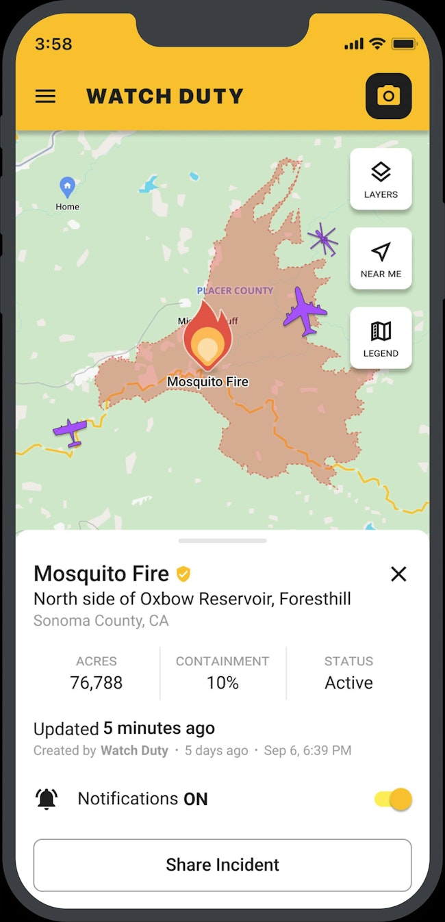 A screenshot from the Watch Duty app, which has helped Los Angeles-area firefighters, has had 600,000 people subscribe since the Palisades Fire broke out.