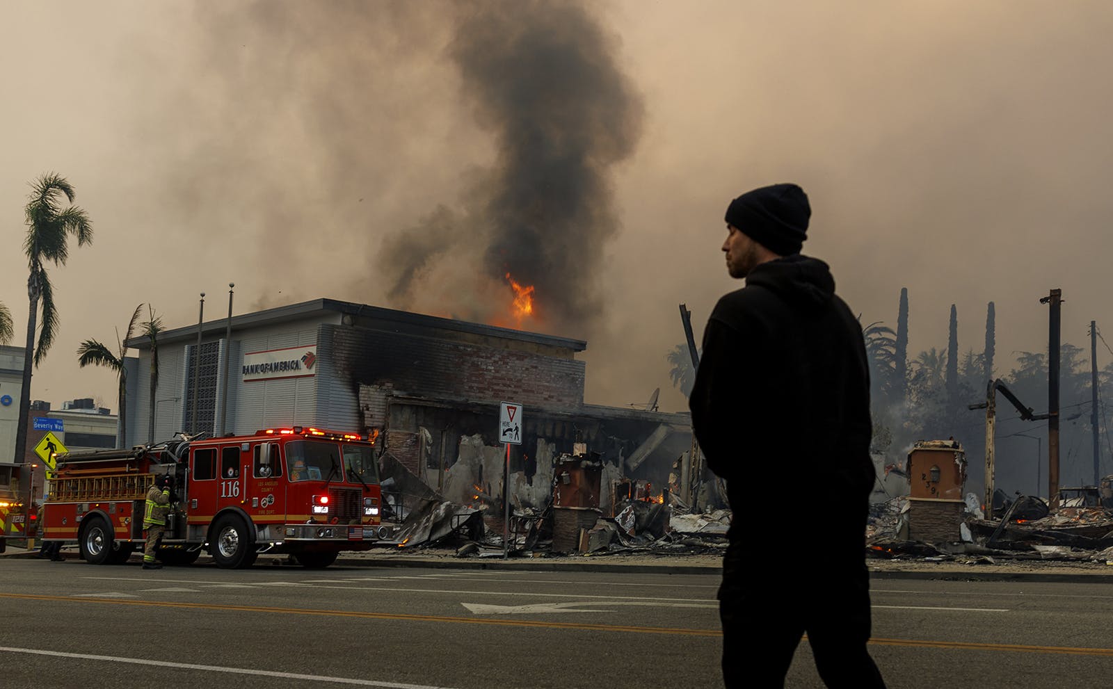 A building burns during the Eaton fire in Altadena, CA.