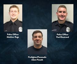 Burnsville firefighter/paramedic Adam Finseth (bottom) and police officers Matthew Ruge (top left) and Paul Elmstrand were shot and killed last year. Burnsville firefighter/paramedic Adam Finseth (bottom) and police officers Matthew Ruge (top left) and Paul Elmstrand were shot and killed last year.