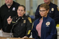 Los Angeles Fire Chief Kristin Crowley, left, and Los Angeles Mayor Karen Bass address the media at a news conference. Los Angeles Fire Chief Kristin Crowley, left, and Los Angeles Mayor Karen Bass address the media at a news conference.