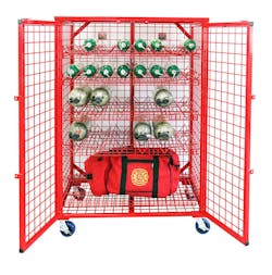 The Roseville, MN, Fire Department wanted to reduce the number of trips to and from apparatus parked in the bay when SCBA cylinders were refilled. GearGrid’s mobile SCBA storage unit provided the means to accomplish that. The Roseville, MN, Fire Department wanted to reduce the number of trips to and from apparatus parked in the bay when SCBA cylinders were refilled. GearGrid’s mobile SCBA storage unit provided the means to accomplish that.