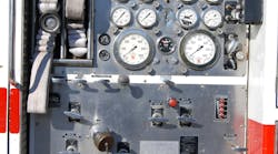 Pump panels from earlier rigs, such as the one on this 1977 Mack CF rig, generally were more compact, with all discharges controlled via direct-acting linkages and pull rods. In later years, NFPA 1901: Standard for Automotive Fire Apparatus was changed to require that a gauge be located adjacent to the respective discharge control. Note the vernier throttle on the lower panel and the discharge relief valve in the upper right panel. Pump panels from earlier rigs, such as the one on this 1977 Mack CF rig, generally were more compact, with all discharges controlled via direct-acting linkages and pull rods. In later years, NFPA 1901: Standard for Automotive Fire Apparatus was changed to require that a gauge be located adjacent to the respective discharge control. Note the vernier throttle on the lower panel and the discharge relief valve in the upper right panel.