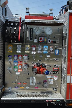 This District of Columbia Fire and EMS Department pumper—a 2022 Seagrave DB50CT—was built with a 48-inch-wide pump panel and 171½-inch wheelbase. The pump panel was designed to use handwheel controls for the front intake, rear intake and deck gun and a right-side large-diameter-hose discharge. This District of Columbia Fire and EMS Department pumper—a 2022 Seagrave DB50CT—was built with a 48-inch-wide pump panel and 171½-inch wheelbase. The pump panel was designed to use handwheel controls for the front intake, rear intake and deck gun and a right-side large-diameter-hose discharge.