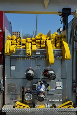 The Syracuse, NY, Fire Department uses a 60-inch-wide panel to accommodate four crosslay hosebeds and the cradle for the Tele-Squrt boom, with a standardized layout for all instruments, gauges and controls. The right-side panel incorporates both hinged and lift-out panels to enable easy access for inspection and maintenance. The Syracuse, NY, Fire Department uses a 60-inch-wide panel to accommodate four crosslay hosebeds and the cradle for the Tele-Squrt boom, with a standardized layout for all instruments, gauges and controls. The right-side panel incorporates both hinged and lift-out panels to enable easy access for inspection and maintenance.