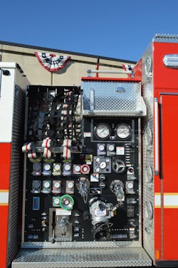 The Harrisburg, PA, Bureau of Fire designs its pumpers and squad apparatus with six crosslay hosebeds and discharges that are directly under each hosebed (three on each side of the unit). The pump panel is 54 inches wide. Note the location of the relief valve and electronic throttle and use of 6-inch master gauges. The Harrisburg, PA, Bureau of Fire designs its pumpers and squad apparatus with six crosslay hosebeds and discharges that are directly under each hosebed (three on each side of the unit). The pump panel is 54 inches wide. Note the location of the relief valve and electronic throttle and use of 6-inch master gauges.