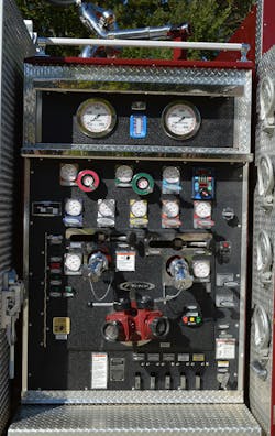 Engine 840 of the Prince George’s County, MD, Fire and EMS Department was designed with a 45-inch-wide pump panel and provides access from the front, left and right sides as well as the top of the apparatus via a hinged, aluminum tread plate door. Note the swing handle controls for the 2½-inch discharges. The Stang gun is provided with dual valve controls at the panel and adjacent to the appliance. Engine 840 of the Prince George’s County, MD, Fire and EMS Department was designed with a 45-inch-wide pump panel and provides access from the front, left and right sides as well as the top of the apparatus via a hinged, aluminum tread plate door. Note the swing handle controls for the 2½-inch discharges. The Stang gun is provided with dual valve controls at the panel and adjacent to the appliance.