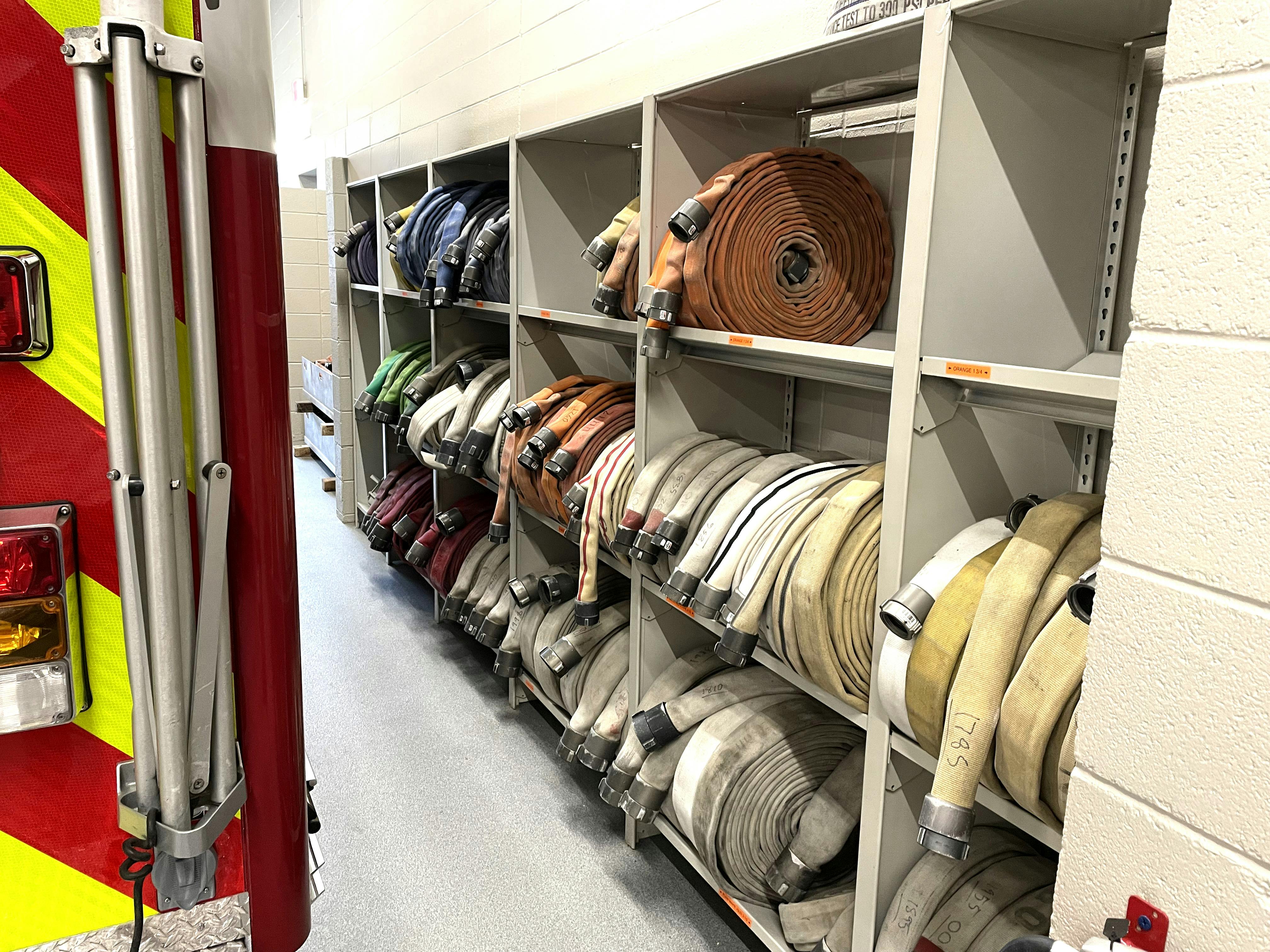 Maximizing hose storage capacity was a goal of the design of the new firehouse for the Fort Atkinson, WI, Fire Department. Spacesaver custom-manufactured a shelving solution that delivered on that need as well as increasing the ease by which members access hose.