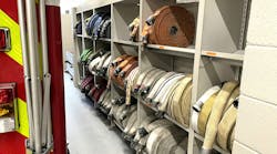 Maximizing hose storage capacity was a goal of the design of the new firehouse for the Fort Atkinson, WI, Fire Department. Spacesaver custom-manufactured a shelving solution that delivered on that need as well as increasing the ease by which members access hose. Maximizing hose storage capacity was a goal of the design of the new firehouse for the Fort Atkinson, WI, Fire Department. Spacesaver custom-manufactured a shelving solution that delivered on that need as well as increasing the ease by which members access hose.