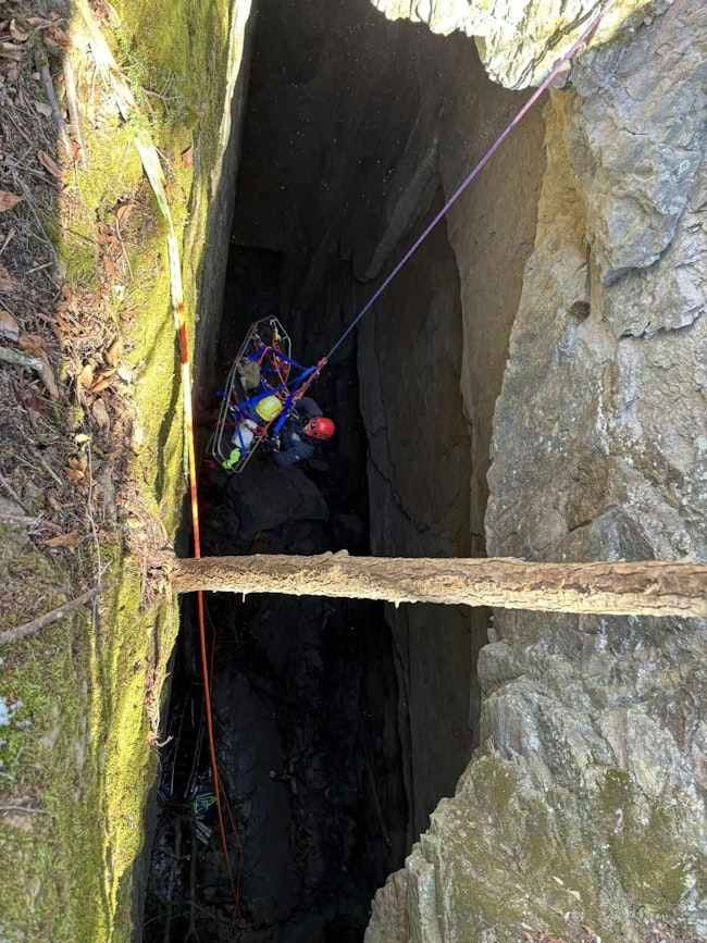 A tree worker who fell 100 feet into a crevice was rescued by an operation that involved Kingston, Bloomington and other crews.