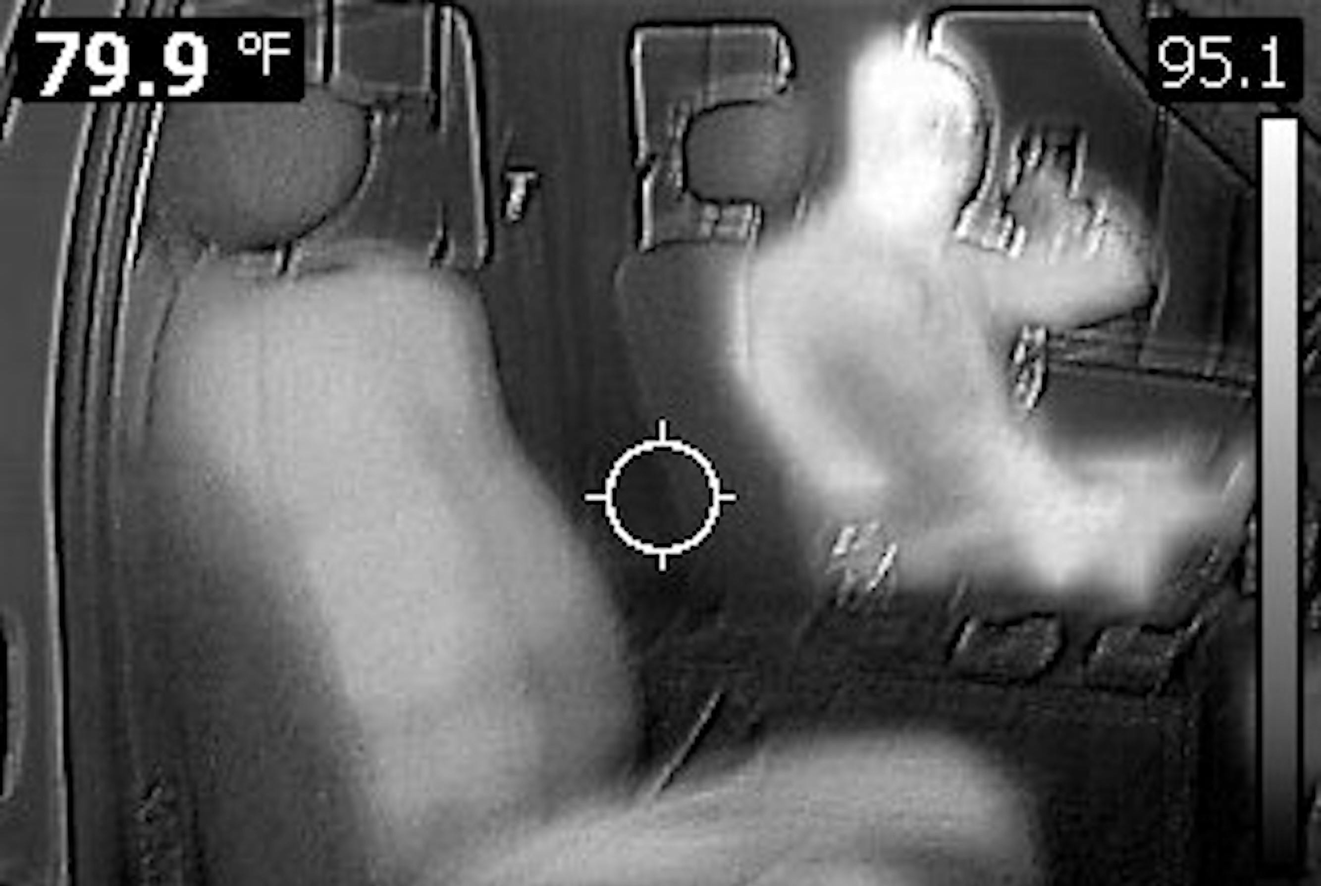 The white heat in this driver's seat is a latent print that proves that the seat was occupied recently. Make sure that the seat-to-occupant ratio matches up.