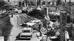In 1962, a wildfire caused widespread destruction in Los Angeles. Los Angeles, CA - February 26, 1962 , Ruins along Somera Rd. area of complete destruction (